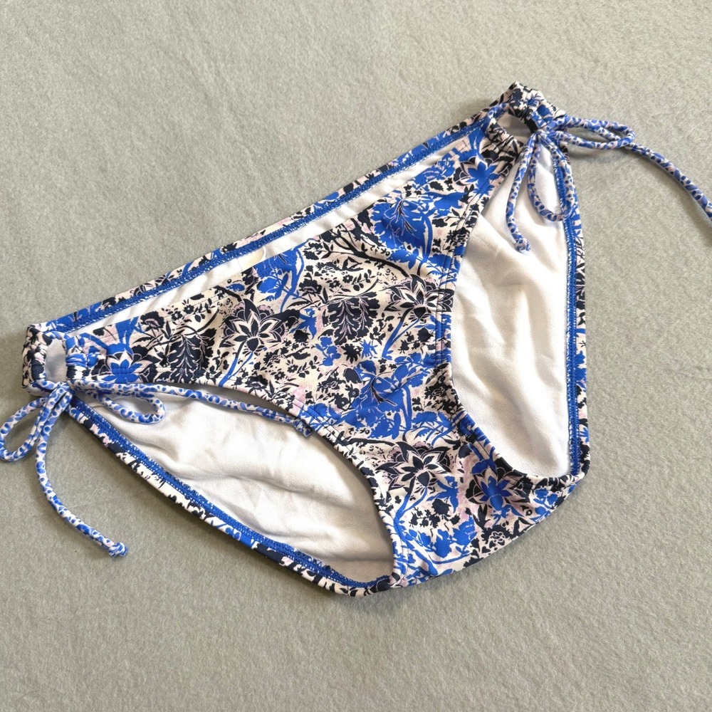 Athleta Bikini Bottom Women M Blue Floral Side Tie Swim Beachwear